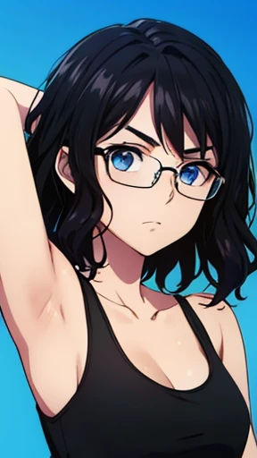 (anime cels style, megami magazine, poster  style, best quality, high resolution, sharp, 8k, masterpiece), (beautiful eyes, beautiful detailed face), Konori Mii, glasses, (black medium hair), blush, (large breasts), polka dot bikini, (upper body, standing), simple background, (perfect detailed anatomy, perfect detailed body, perfect arms, perfect fingers, shiny skin)