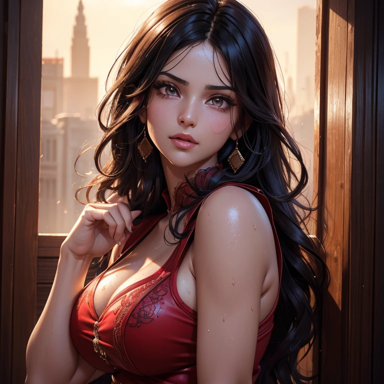 Amazing portrait of a sexy woman with a beautiful face dazzling in a stunning red saree