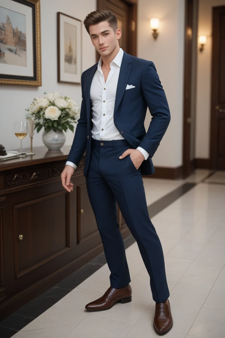 beautiful castles and palaces, a man asian age 25, perfect muscles, wearing casual shirt with open buttons, showing chest and stomach, and trousers, model pose, model photos, full body, fashionable, very high quality, very high resolution,