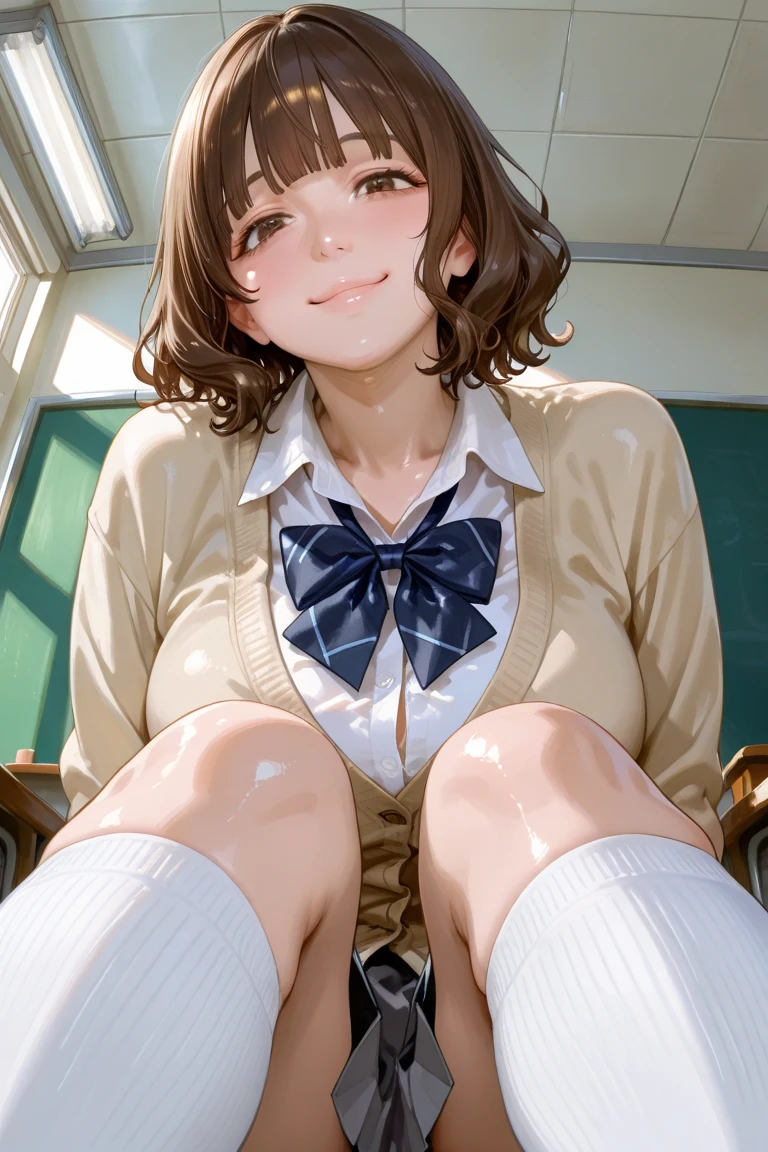 masterpiece, best quality, high quality, perfect anatomy, ultra detailed, perfect design,
BREAK,
high school girl, beautiful detailed face, realistic skin, (shiny glossy skin),
BREAK,
brown eyes, ((realistic eyes)), ultra detailed eyes, beautiful high light eyes, (narrow eyes), ((droopy eyes)), (big eyes), (wide-set eyes), double eyelids, ((half closed eyes)),
BREAK,
brown hair, ((bob cut)), ((straight hair)), (medium side hair), thin hair, (swept bangs), shiny glossy hair,
BREAK,
seductive smile, (open mouth), tongue out, (feeling weak), ((embarrassed)), (nose blush),
BREAK,
(gym uniform, navy blue bloomers), (((long sleeve white shirt, unbutton, open clothes))), (((black over knee socks))), small breasts, big areola, erection of nip-ples, camel-toe,
BREAK,
(sitting on the desk), (hands putting on the desk), (((spread legs))), (((legs up))), ((from above)), (((looking up))), (((focus face))),
BREAK,
(classroom), top light, warm light