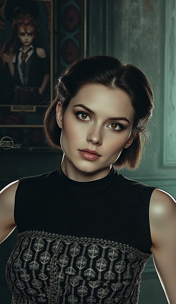 Silvia Navarro, sexy clothes, Portrait of character, 3 9 9 0 s, shorth hair, intrikate, chic, highy detailed, digitalpainting, art station, conceptual artwork, Soft, sharp focus, illustration, arte por wlop, Charlie Bowater e Alexandra Fomina