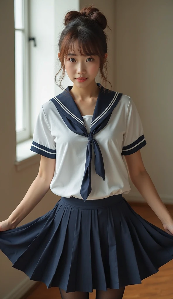 neat college girl, (school uniform, sailor uniform, ribbon tied at chest, summer uniform, upper body white, skirt is navy blue), outside the athletic field, (slim), photorealistic, detail, skin texture, ultra detail, delicate and sexy collarbone, smile, super detailed face, detailed lips, detailed eyes, double eyelids, small breasts, small breasts, small, flat breasts, breast emphasis