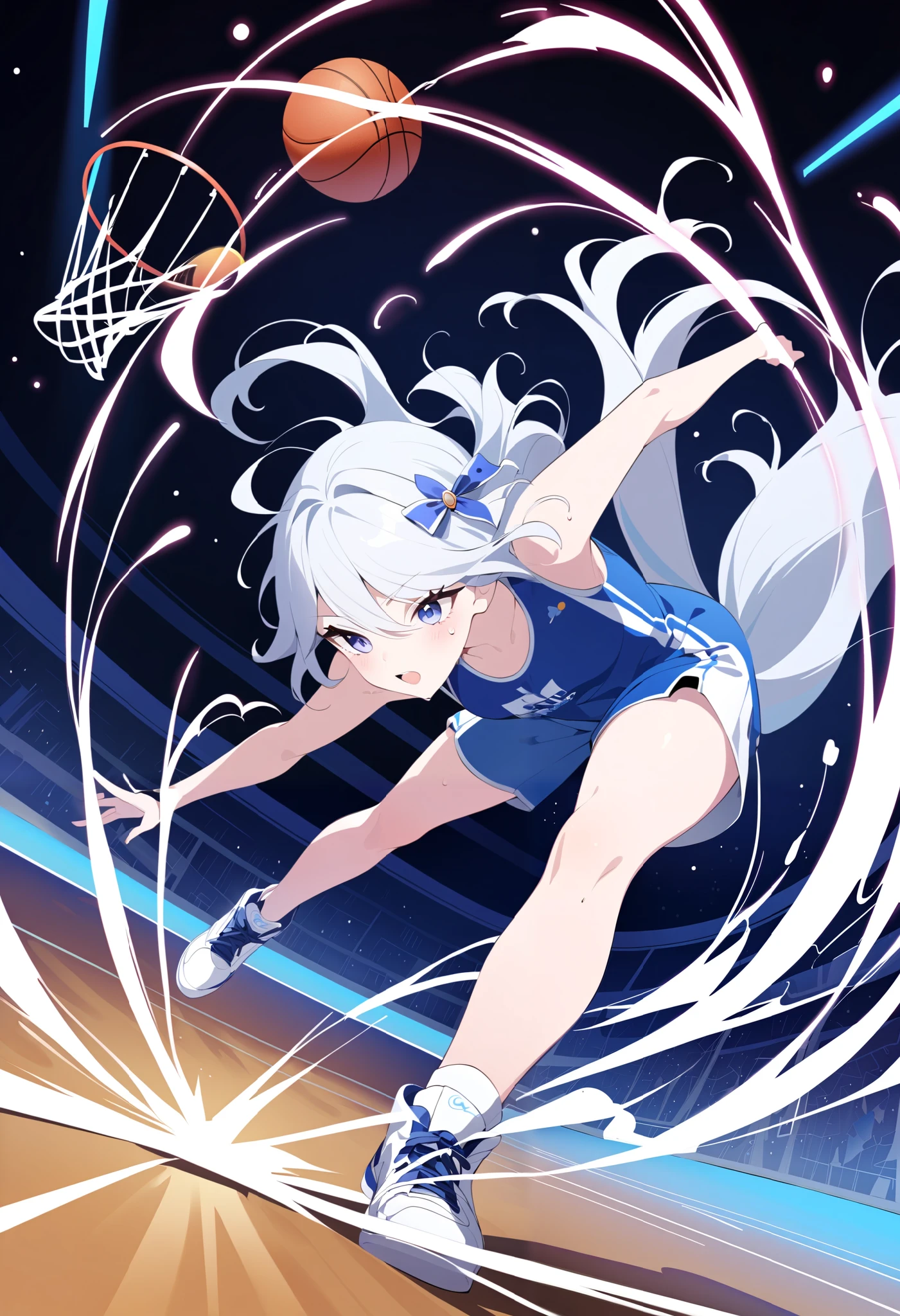 "An anime-style illustration of Furina playing basketball, executing an impressive slam dunk. The scene is full of energy with Furina in mid-air, her body stretching as she powerfully dunks the ball into the hoop. Sweat glows with a neon effect, highlighting the intensity of the moment. The background is a futuristic basketball court with bright lights and motion lines to enhance the sense of action."