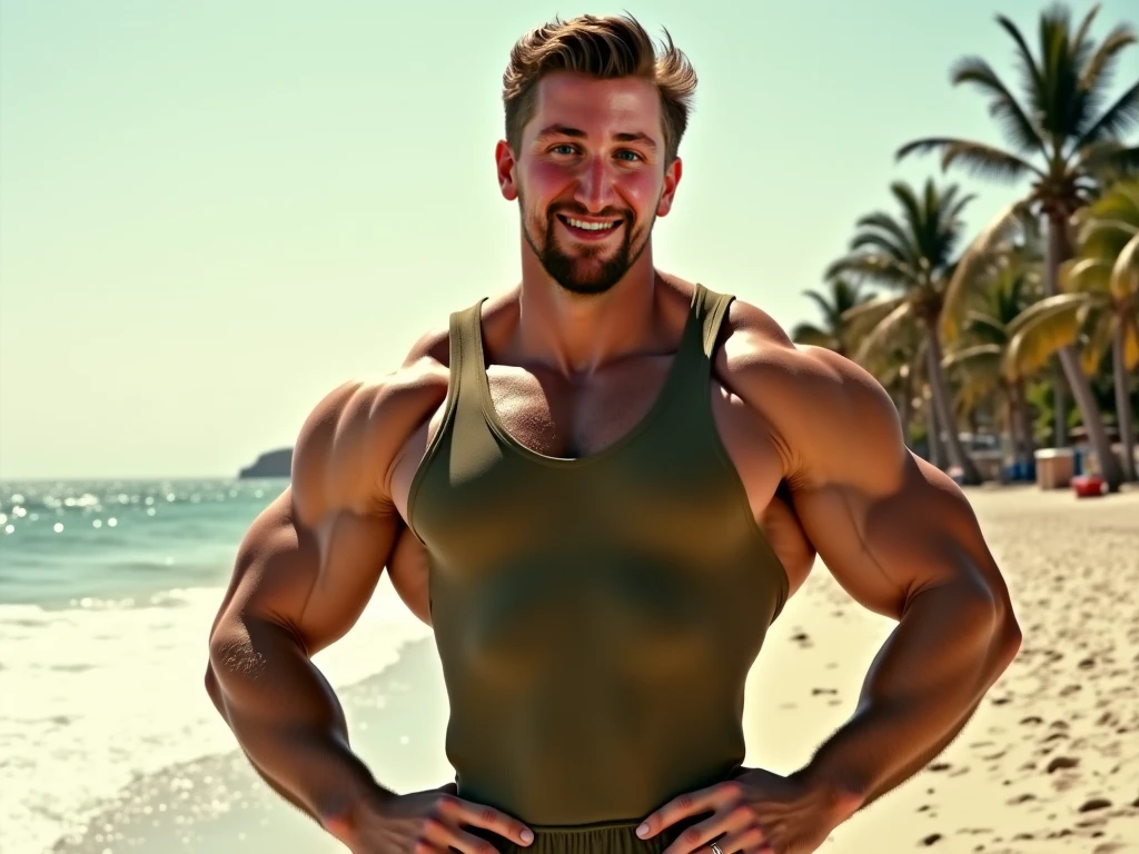 (face focus). (masculine:1.3), large strong physique:1.0, at outdoor sunny park, (muscular man wearing tight tank top:1.2), sexy pose:1.0, styled hair, confident, handsome, (((masterpiece))), (((best quality))), male, athletic, looking at viewer, (short hair), lower color saturation:1, lower contract color:1, markdaltonxxxV2Update