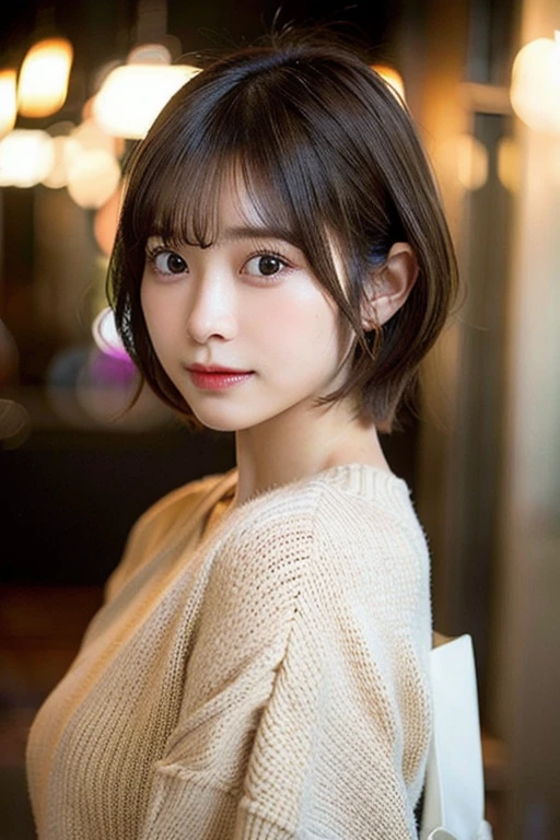 masutepiece, Best Quality, Illustration, Ultra-detailed, finely detail, hight resolution, 8K Wallpaper, Perfect dynamic composition, Beautiful detailed eyes, doress, short Hair, mid-chest, Natural Color Lip, Random and sexy poses,Smile, Blurred white photography studio background、20 years girl、Colossal 、Too much exposure、No shoulder knitwear(brown)、Exposing the chest、Slid、I keep my hair tied up