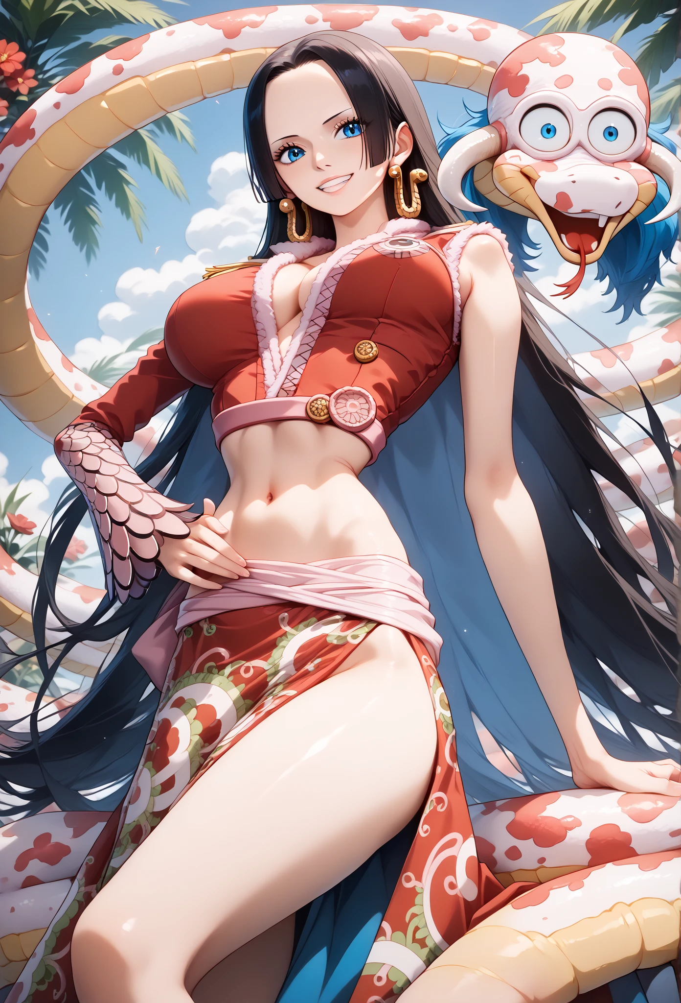 Masterpiece、Highest quality、Super detailed、Boa Hancock\(one piece\),solo、1 person、1 personのみ、Princess Nine Snakes、Lovely sweet breeze、Slave's Arrow、Perfume Fable、Kicking Technique、Heart shaped eyes、、Long Hair、Black Hair、Earrings、Large Breasts、Big round breasts、Ready for battle、Ready for battle、Amazon Lily、Brown Skin、Uncivilized tribes、Close-up、Pull the shirt up to your chest、Busty body、、Black Hair、Long Hair、Dark blue eyes、Bone ornaments、