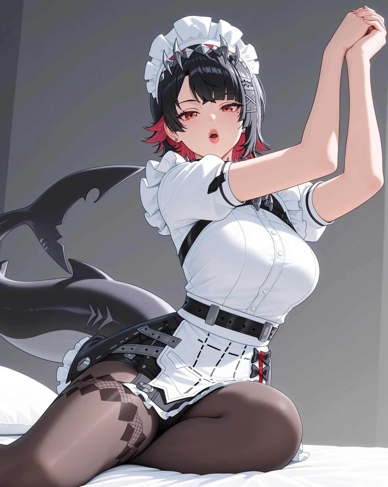 (pose:1.0, dynamic pose, sitting, stretching, adult Ellen Joe:1.0, Ellen Joe Outfit:1.0, falling skirt:1.0, transparent Ellen Joe pantyhose:1.0, shark tail, big mouth:4.0, big lips:4.0, open mouth:5.0, seductive eyes:4.0, detailed face, detailed mouth, small waist:1.0, wide hips:1.0), black hair, Ellen Joe headdress, red eyes, 1woman, alone, (masterpiece, detailed face, perfect hands, perfect eyes),