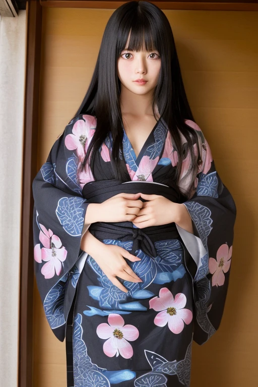 masterpiece, best quality, highres, 4k, 8k, ultra detailed, absurdres,vivid contrast, vibrant colors, full body,1girl, black hair, japanese clothes, solo, kimono, long hair, makeup, hair ornament, red eyes, floral print, looking at viewer, red lips, lipstick, kimono, flower, fingernails, floating hair, eyeshadow、valley、big breasts、Photographed in a Japanese-style room、naked, nude, bare