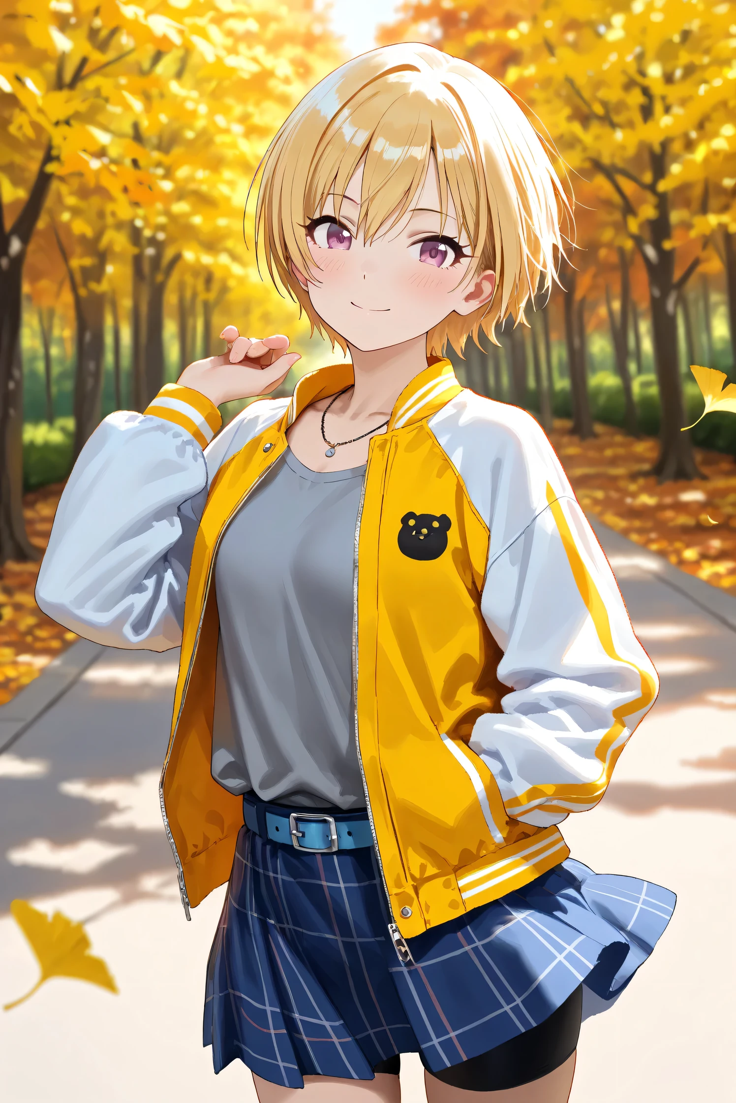 (Masterpiece), (Highest quality), (Very detailed), 
(The best shape), (Best Shadow), (Absurd), 
(Detailed background), (So beautiful), Shiny , 
Beautiful eyes in every detail, Extraordinary, Countershading, 8k, 32K, High resolution, 
Very Detailed CG,

Score_9, Score_8_up, Score_7_up, Source_anime, 
(Pastel painting:1.2), (Watercolor painting:1.2),
(Masterpiece, Detailed:1.2), (Foreshortening:1.2),

Cinematic, Dramatic, (Depth of field:1.4),
(Blurry background:1.4), (Realistic background:1.4),
Dynamic angle, 
1 girl,
Autumn, Outdoor, Nature, Park, Wind,
Autumn leaves, Ginkgo,
Scenery, Autumnforrestmb, Autumn, Forest, Tree, Nature, Outdoors, 

Saijo Juri,
the idolmaster shiny colors,
juri saijo, short hair, blonde hair, purple eyes, small breasts,

(Casual wear:1.3), 
T-shirts, (Gray t-shirts:1.3), 
Souvenir jacket, Yellow jacket, (Long sleeves jacket:1.2), White sleeves, 
Miniskirt, (blue skirt:1.2), Checkered skirt, 
Belt, blue belt, bike shorts,
Necklace,

cowboy shot, focus on face,
(Close up shot:1.1),
(Blush:1.3), smile, happy,
Realistic skin, Shiny skin,