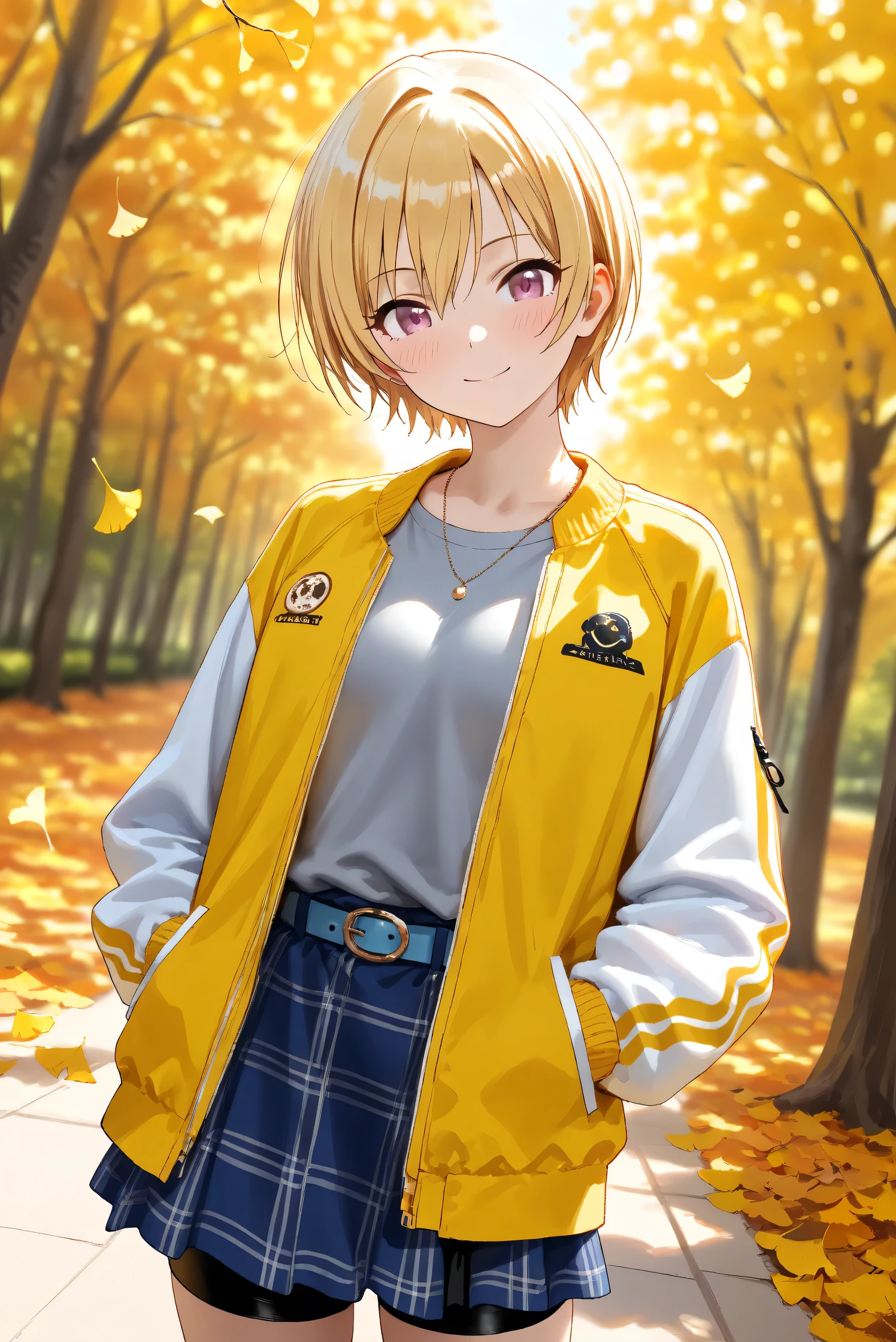 (Masterpiece), (Highest quality), (Very detailed), 
(The best shape), (Best Shadow), (Absurd), 
(Detailed background), (So beautiful), Shiny , 
Beautiful eyes in every detail, Extraordinary, Countershading, 8k, 32K, High resolution, 
Very Detailed CG,

Score_9, Score_8_up, Score_7_up, Source_anime, 
(Pastel painting:1.2), (Watercolor painting:1.2),
(Masterpiece, Detailed:1.2), (Foreshortening:1.2),

Cinematic, Dramatic, (Depth of field:1.4),
(Blurry background:1.4), (Realistic background:1.4),
Dynamic angle, 
1 girl,
Autumn, Outdoor, Nature, Park, Wind,
Autumn leaves, Ginkgo,
Scenery, Autumnforrestmb, Autumn, Forest, Tree, Nature, Outdoors, 

Saijo Juri,
the idolmaster shiny colors,
juri saijo, short hair, blonde hair, purple eyes, small breasts,

(Casual wear:1.3), 
T-shirts, (Gray t-shirts:1.3), 
Souvenir jacket, Yellow jacket, (Long sleeves jacket:1.2), White sleeves, 
Miniskirt, (blue skirt:1.2), Checkered skirt, 
Belt, blue belt, bike shorts,
Necklace,

cowboy shot, focus on face,
(Close up shot:1.1),
(Blush:1.3), smile, happy,
Realistic skin, Shiny skin,