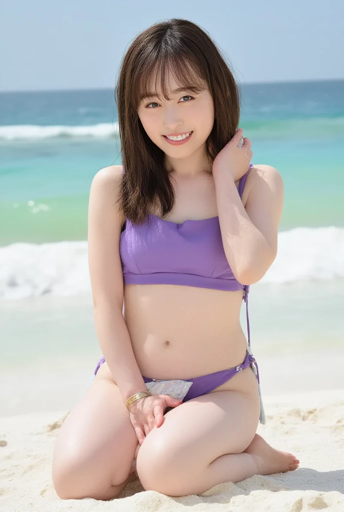 Japanese girl，Baby Face，smile，Shortcuts，Micro Bikini，Wet body，Spread your legs，Raise your arms to show your sides，You can see the abdominal muscles、Photographed from the front