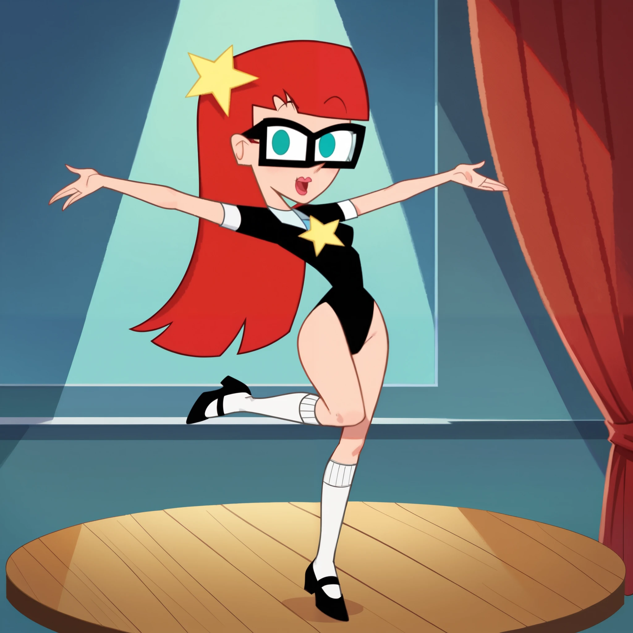 score_9, score_8_up, score_7_up, 1girl, red hair, glasses, blue eyes, style parody, long hair, blunt bangs, lipstick, star hair ornament, small breasts, narrow waist, wide hips, looking at viewer, highres, high quality, masterpiece, black leotard, black shiny Mary Jane tap shoes with small white socks, black top hat, tap dancing cute, her hands are cutely sideways as she tap dances, on a stage with red curtains, cartoon style