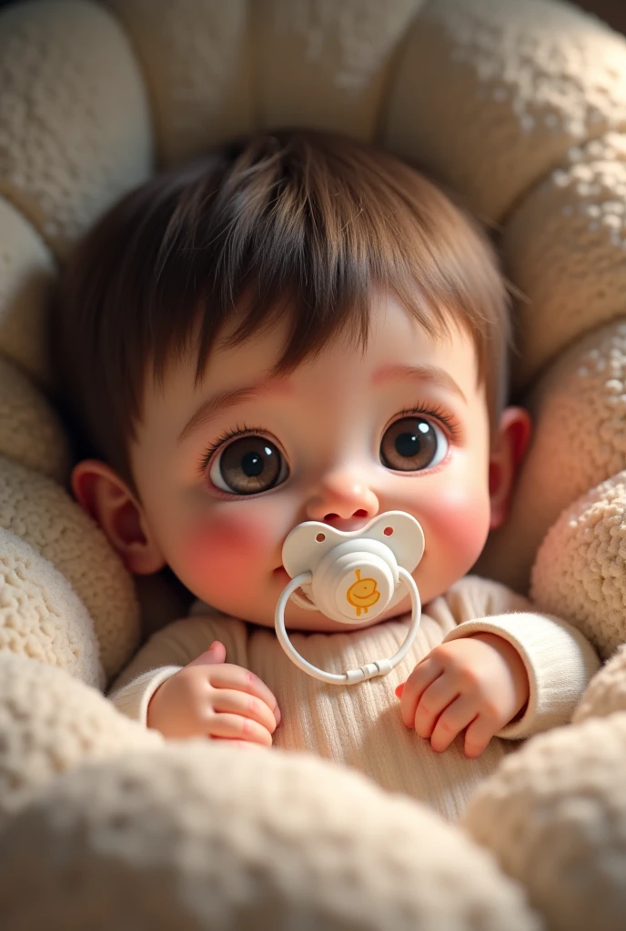 A cute one year old baby girl, little hair, White, dark hair, Pacifier, in the stroller, with warm clothes
