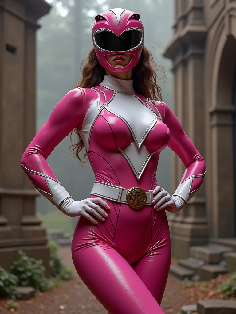Image du corps entier, debout, Princesse Zelda geante, (costume rouge avec argent:1.5), comme Ultraman, its immensely large1, very tight bodysuit, heavy makeup on her face, bijou bleu clair sur le plastron, Helmet on the head, lipstick on the mouth, (elle a les yeux verts:1.5, cheveux bleus:1.5), Regarder le spectateur de face, It is in a futuristic city with plush monsters in the buildings, Tokusatsu, Ultraman, Anime style, Cinematic lighting, 16k, UHD, chef-d'artwork, Best quality, high details