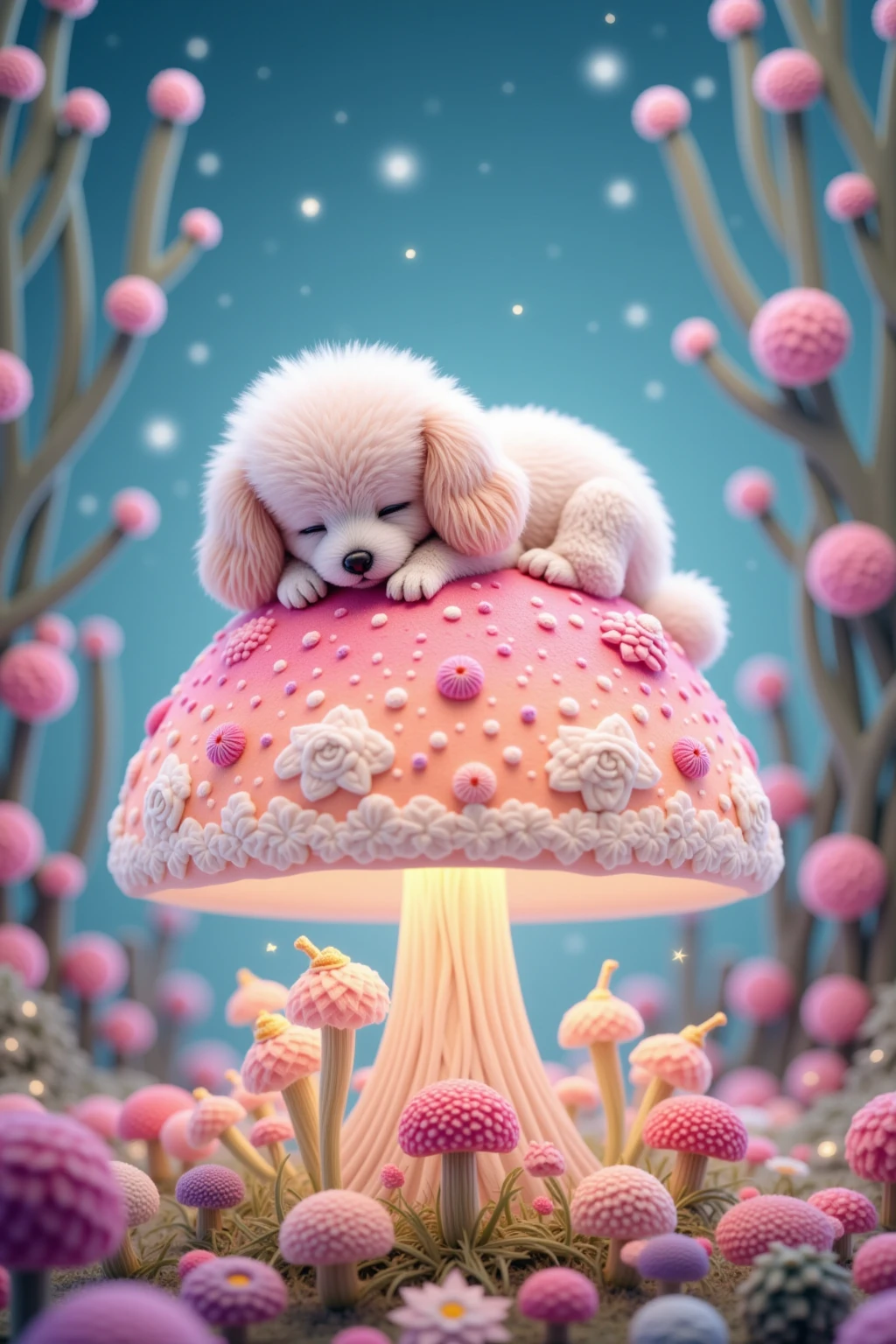 colorful pastel colors、use gentle colors、toy poodle sleeping on a big mushroom、cute、Floral and green decorations、A magical mushroom that gives off a faint aura、fantasy art、Beautiful Graphics、real lighting、 twinkle、fluffy、bokeh、gentle atmosphere、masterpiece、Highest quality、High detail、absurd、style 211