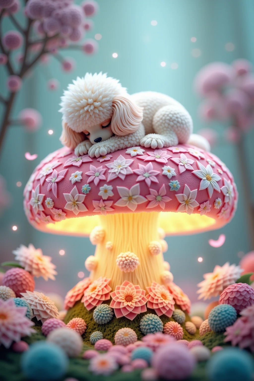colorful pastel colors、use gentle colors、toy poodle sleeping on a big mushroom、cute、Floral and green decorations、A magical mushroom that gives off a faint aura、fantasy art、Beautiful Graphics、real lighting、 twinkle、fluffy、bokeh、gentle atmosphere、masterpiece、Highest quality、High detail、absurd、style 211
