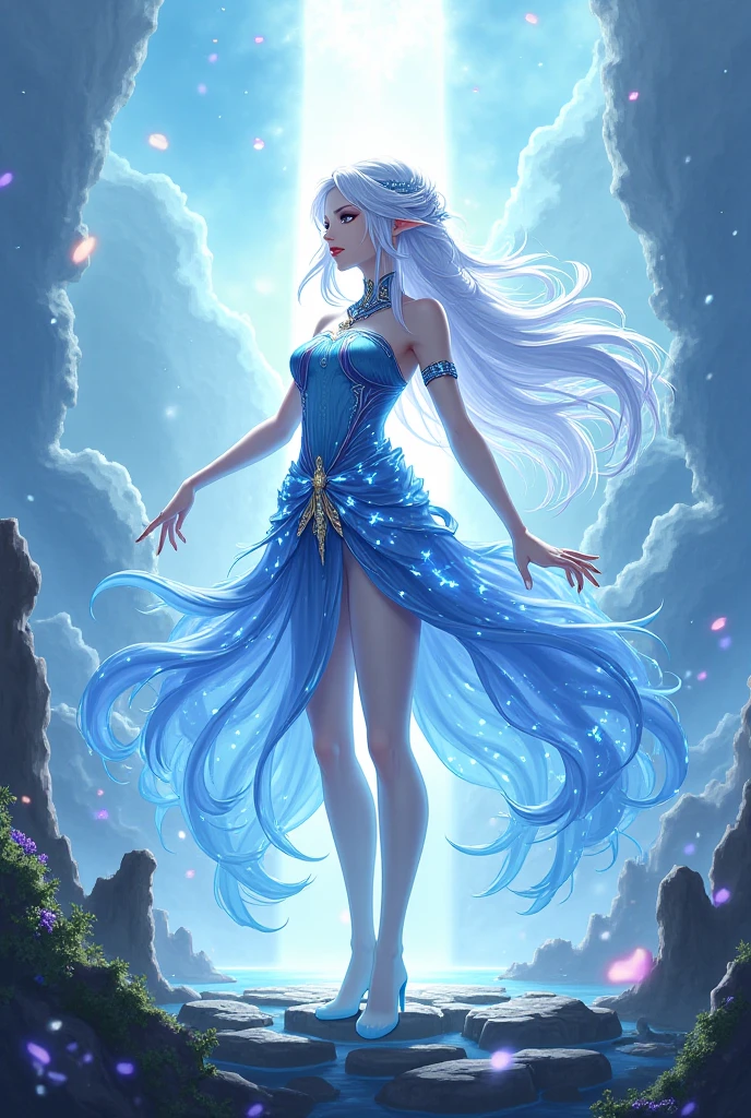 Create an image of a female celestial princess or guardian in an anime style. She wears a flowing, sleeveless gown with a gradient from deep blue to silver. The gown has a high slit and is complemented by long, flowing pants or a matching skirt. The outerwear is a shimmering cape with a star pattern embroidered. Her accessories include a star-shaped pendant, crescent moon choker, and moonstone jewelry. The footwear consists of sleek, pointed boots with celestial designs. Her hair is long with highlights in blue, purple, and silver. The makeup is ethereal with shimmering eyeshadows and glitter. Include a star-shaped hair clip or crescent moon headband.