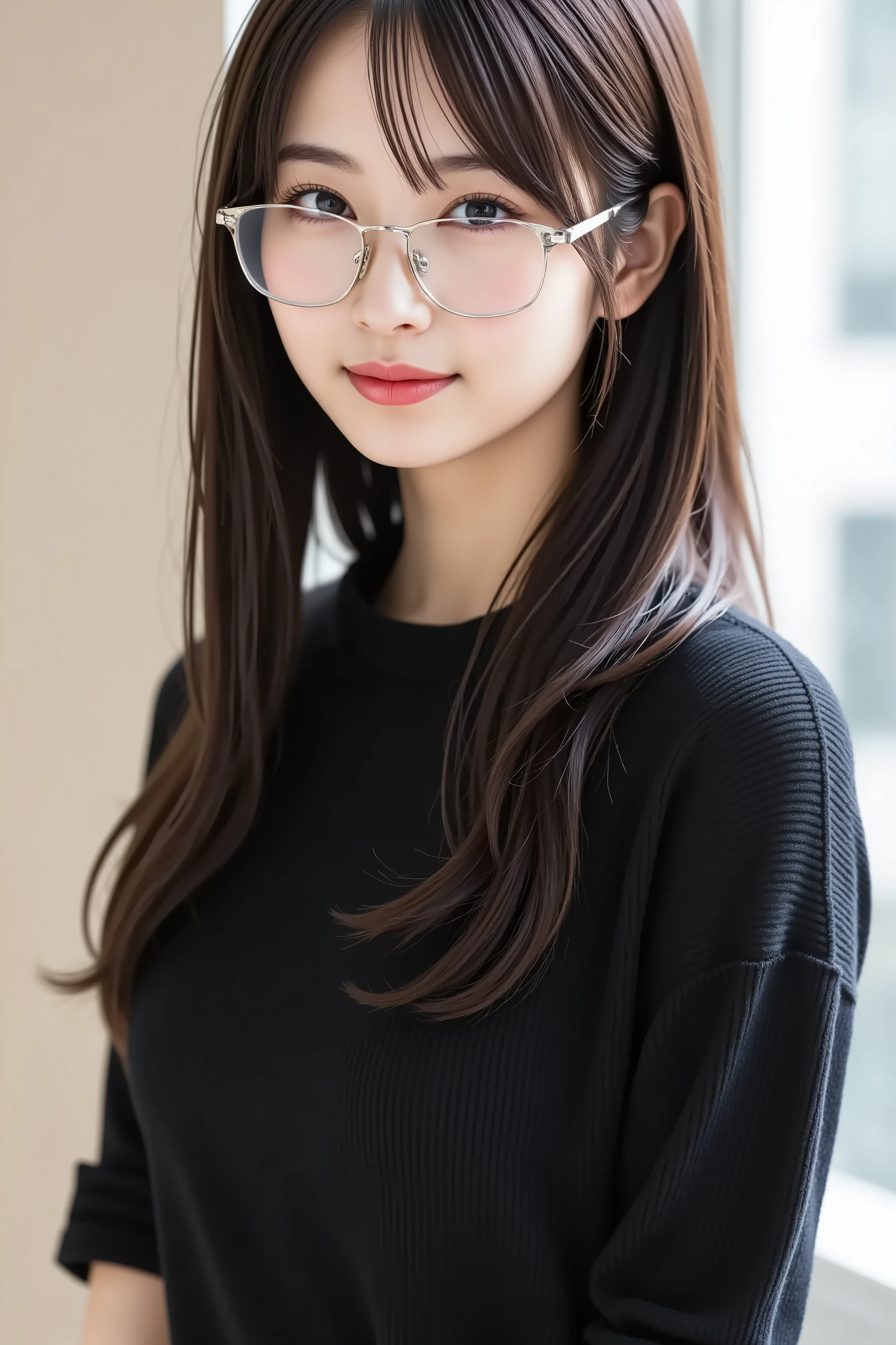 Position your face in the center of the image, masterpiece, , beautiful skin with glasses、plain black high neck long sleeve ribbed slim fit t-shirt、long black hair, bungs, smile, 8k, shooting studio background 、Head margin
