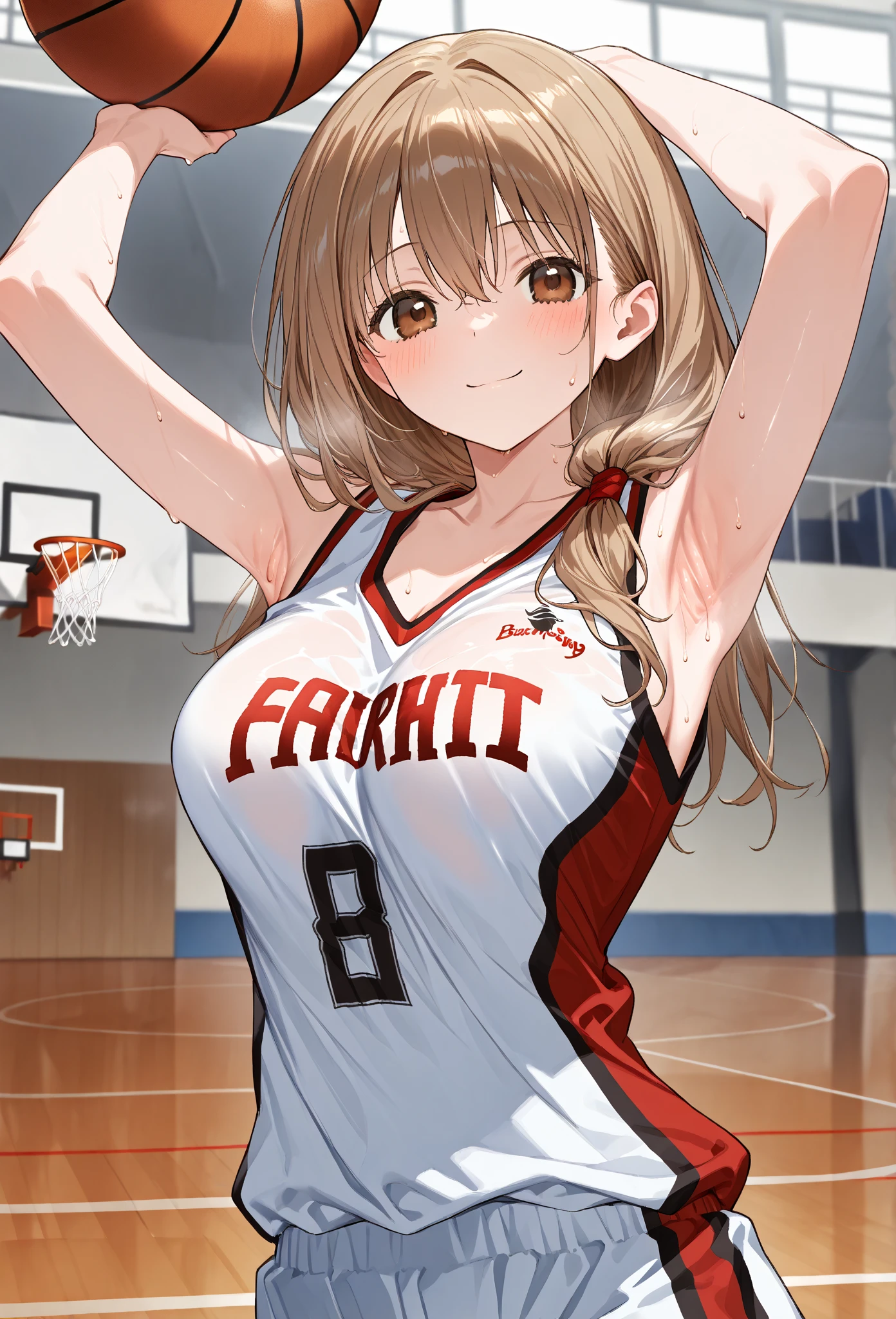 (masterpiece,highest quality,超A high resolution),japanese woman, (((Very beautiful 25 year old girl))), pretty girl、look at the photographer、 ((beautiful low ponytail)), super cute face, glossy lips, double eyelids in both eyes,natural smile、 natural makeup, long eyelashes, shiny smooth hair、center image, perfect limbs, perfect anatomy,(((Basketball Sleeveless Uniform)))、,(See-through),,turn around and look back,
