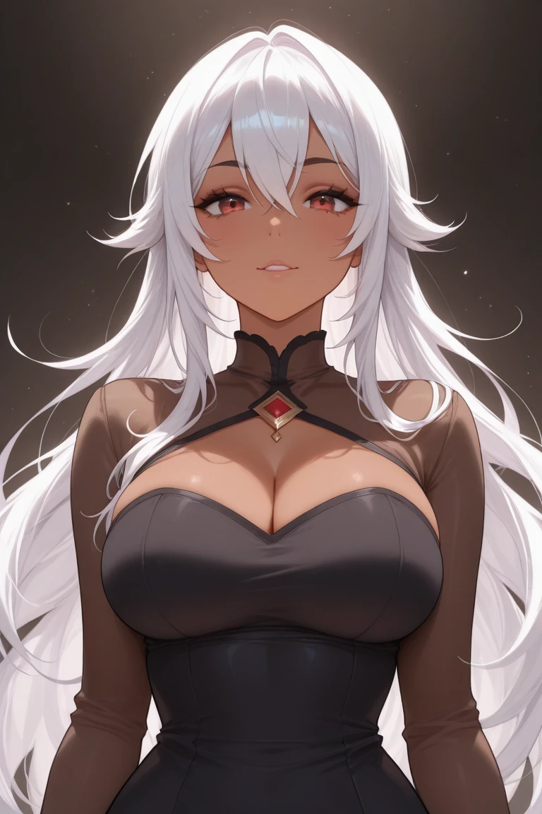 Beautiful black, muscular woman, 30 years old, leather clothes, perfect muscular body, big breasts, big ass, generous cleavage, courageous face,, red eyes, extremely big white hair, strong, muscles on her stomach, strong body, muscular arms