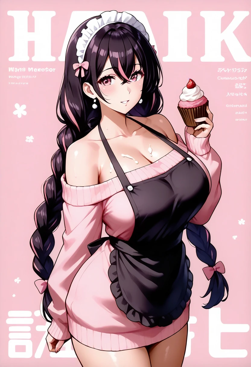 black hair, purple highlights, twin drills, solo, pink eyes,massive breasts, very long hair, wear oversized pink sweater and light red leggings, masterpiece, ultra high quality, sfw