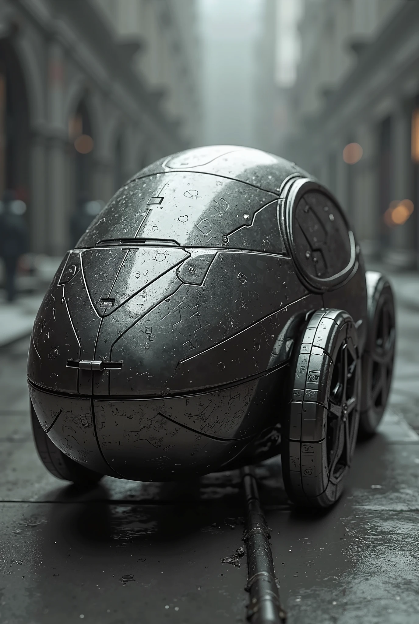 Black engraving on a complex textured surface machines, stylized diamond with a spherical body, shows a futuristic.  The image is made in cyberpunk style, with an emphasis on detailed.  Machine, the size of a small car, presented in ¾ angle,  x} focused on the front of,  emphasizing the complex geometric lines of the body.  Metal body, with deep black, имитирующими высокоtechnoлогичные схемы.  Light falls at an acute angle,  highlighting relief areas and creating deep shadows in the engraving recesses.  Surface texture — polished metal,  cold and smooth to the touch.  No unnecessary details, focus on clean lines and shape.  Color palette — monochrome, deep black with shades of gray in the shadows, подчеркивает  высокоtechnoлогичность и строгость дизайна.  Background — blurred,  design that does not attract the central object,  создает ощущение technoлогического прогресса и  минимализма.  Cyberpunk style ,  Futurism,  techno,  engravings with graphic design elements.  Camera — medium lens,  clarity — maximum,   depth of field — on the car.
