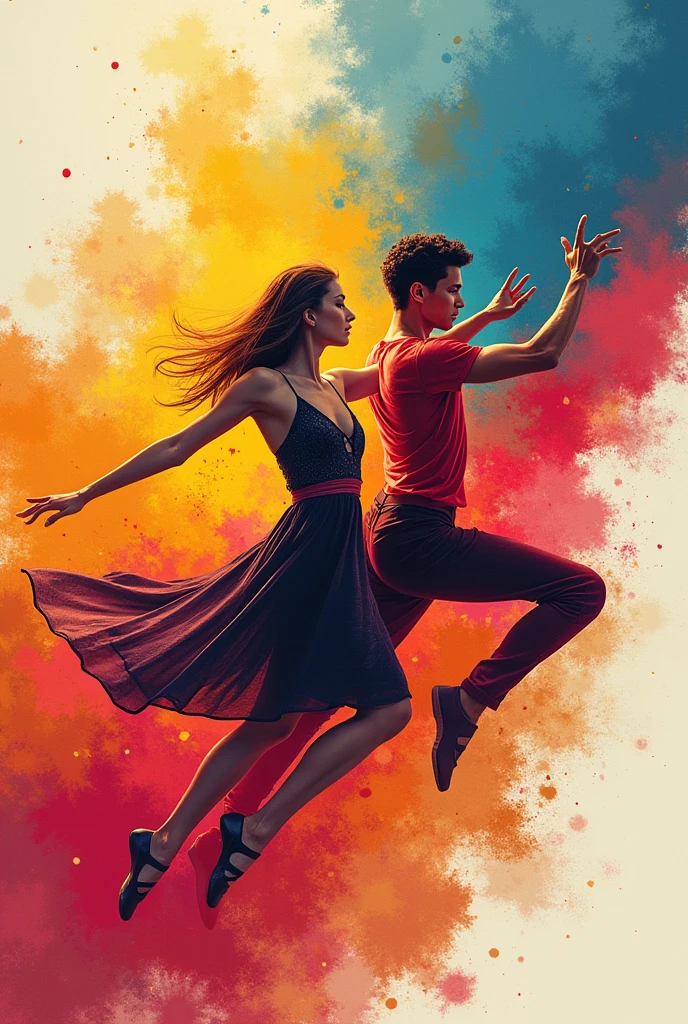 A poster with a close-up of two white bright dancers. They embody the freedom and energy of movement! The girl spins in a whirlwind of freedom, expressing grace and lightness, while the guy creates powerful and dynamic movements filled with passion. They are dressed in stylish modern dance outfits! Bright colors, modern cuts that highlight their individuality and passion for dance.