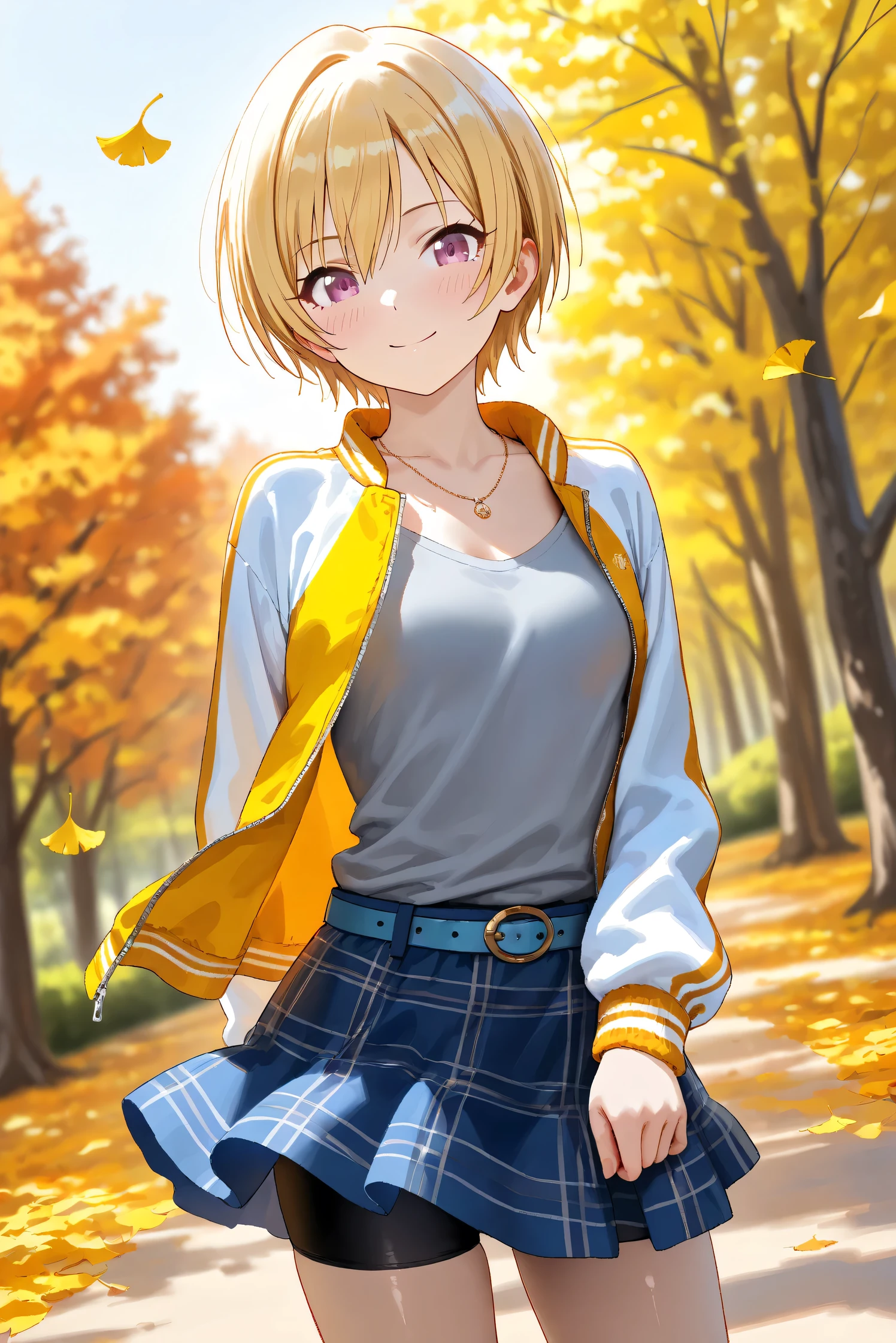 (Masterpiece), (Highest quality), (Very detailed), 
(The best shape), (Best Shadow), (Absurd), 
(Detailed background), (So beautiful), Shiny , 
Beautiful eyes in every detail, Extraordinary, Countershading, 8k, 32K, High resolution, 
Very Detailed CG,

Score_9, Score_8_up, Score_7_up, Source_anime, 
(Pastel painting:1.2), (Watercolor painting:1.2),
(Masterpiece, Detailed:1.2), (Foreshortening:1.2),

Cinematic, Dramatic, (Depth of field:1.4),
(Blurry background:1.4), (Realistic background:1.4),
Dynamic angle, 
1 girl,
Autumn, Outdoor, Nature, Park, Wind,
Autumn leaves, Ginkgo,
Scenery, Autumnforrestmb, Autumn, Forest, Tree, Nature, Outdoors, 

Saijo Juri,
the idolmaster shiny colors,
juri saijo, short hair, blonde hair, purple eyes, small breasts,

(Casual wear:1.3), 
T-shirts, (Gray t-shirts:1.3), 
Souvenir jacket, Yellow jacket, (Long sleeves jacket:1.2), White sleeves, 
Miniskirt, (blue skirt:1.2), Checkered skirt, 
Belt, blue belt, bike shorts,
Necklace,

cowboy shot, focus on face,
(Close up shot:1.1),
(Blush:1.3), smile, happy,
Realistic skin, Shiny skin,