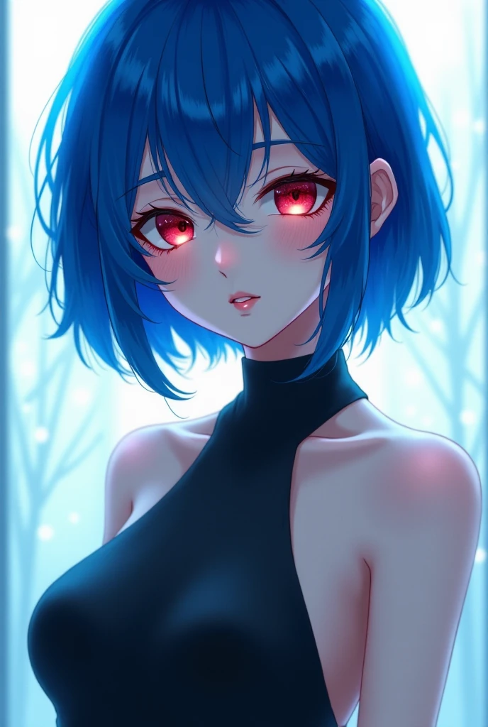 1girl, solo, breasts, jewelry, earrings, choker, hair between eyes, cleavage, gradient, blue hair, gradient background, black choker, parted lips, dress, red eyes, upper body, black dress, collarbone, green background, looking at viewer, large breasts, medium hair, teeth, bangs