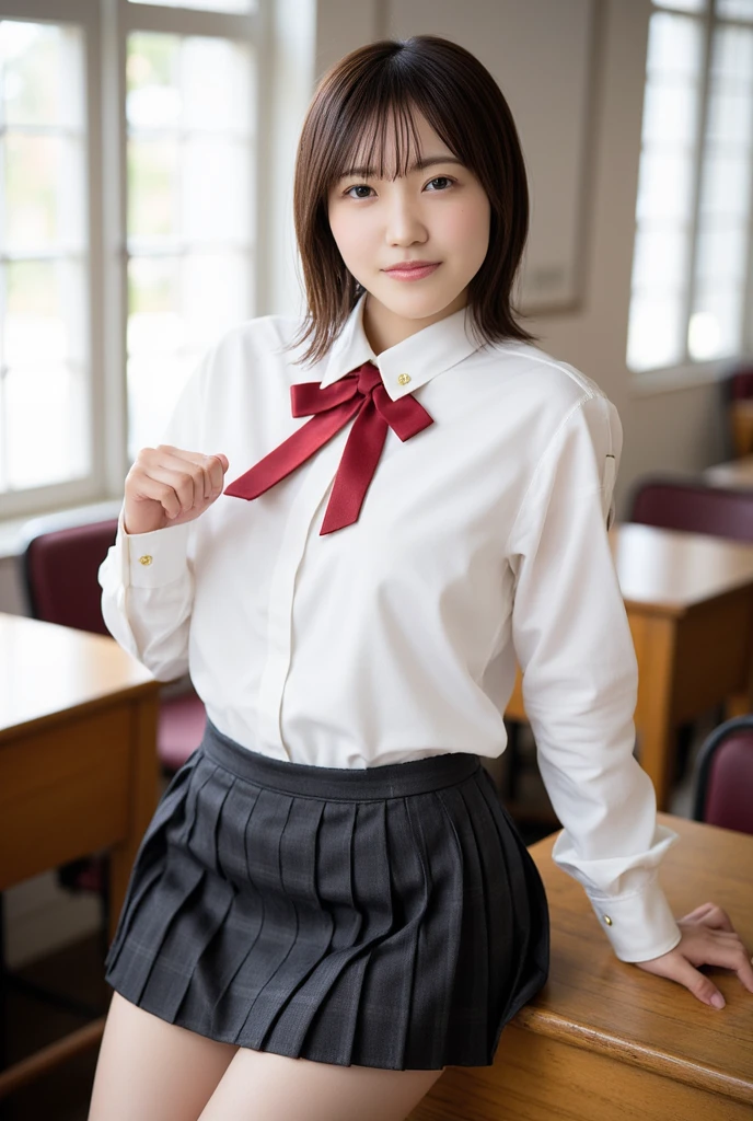 (((Shooting from below:1.5、Low Angle:1.2)))、One personの女性、cute、stand up、You can see inside her skirt、navy long sleeve cardigan:1.5、One person、日本の女子高to be born、One personで、Baby Face、:1.5、Flat chest、Short Bob、red Plaid skirt、Plaid、Black knee socks、navy long sleeve cardigan:1.5、Red pleated skirt、A bow tie、Short Bob、Navy Cardigan、Realistic scale、to be born、Highest quality、Masseter muscle area、Perfect Anatomy、Correct human body、School classroom、A classroom with rows of desks、blackboard、Professional Photographer、