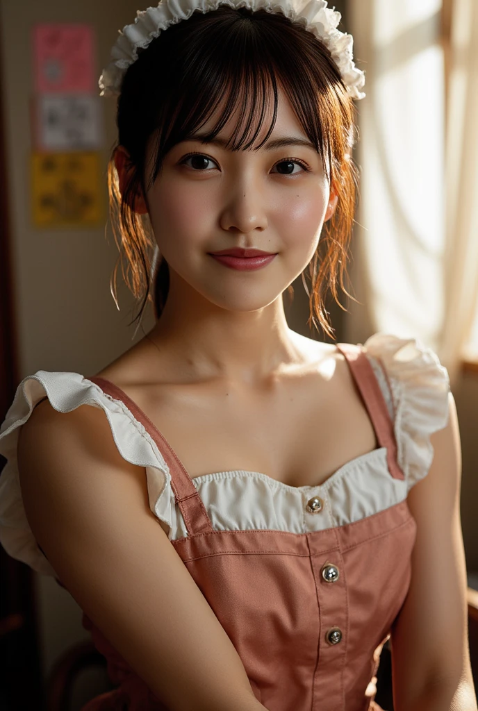 Young girl in red and white checked ruffled dress in house studio, finely detail, beautiful detailed women,flat chest, full bodyesbian,A dark-haired,Long,a smile,Showing leaves,Looking here,The chest is not open