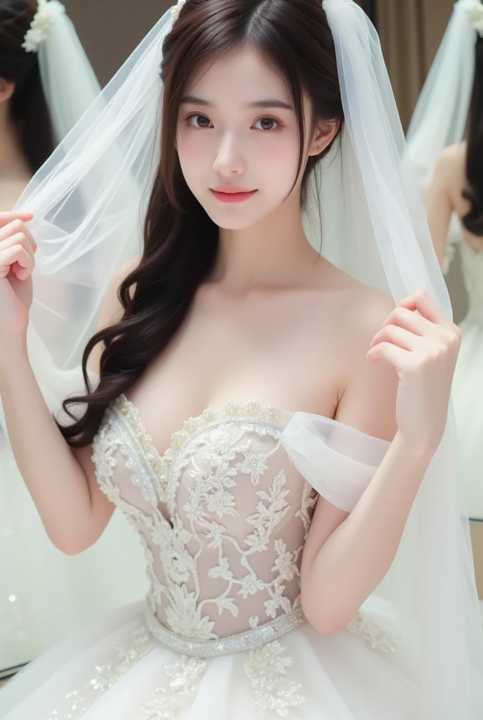 ((a solo Mature woman at outdoor plaza)),(( wearing wedding dress:1.2)). 40k, Photography, masutepiece, Best Quality, dark grey background, ((Mature Women, waifu, mami, A MILF)), ((voluptuous breasts)), Perfect face, perfect ,  ((solo_girl with brown eyes and gorgeous bright black hair)). a Pretty Japanese woman，wet hair look, completely soft chest and white skin,, ((Very soft breasts)). Ultra-detailed face, Detailed eyes, looking into camera,  embarrassed, Smile, closed lips, closed mouth, closed lips, no teeth,  nightime, smooth light on face, vivid