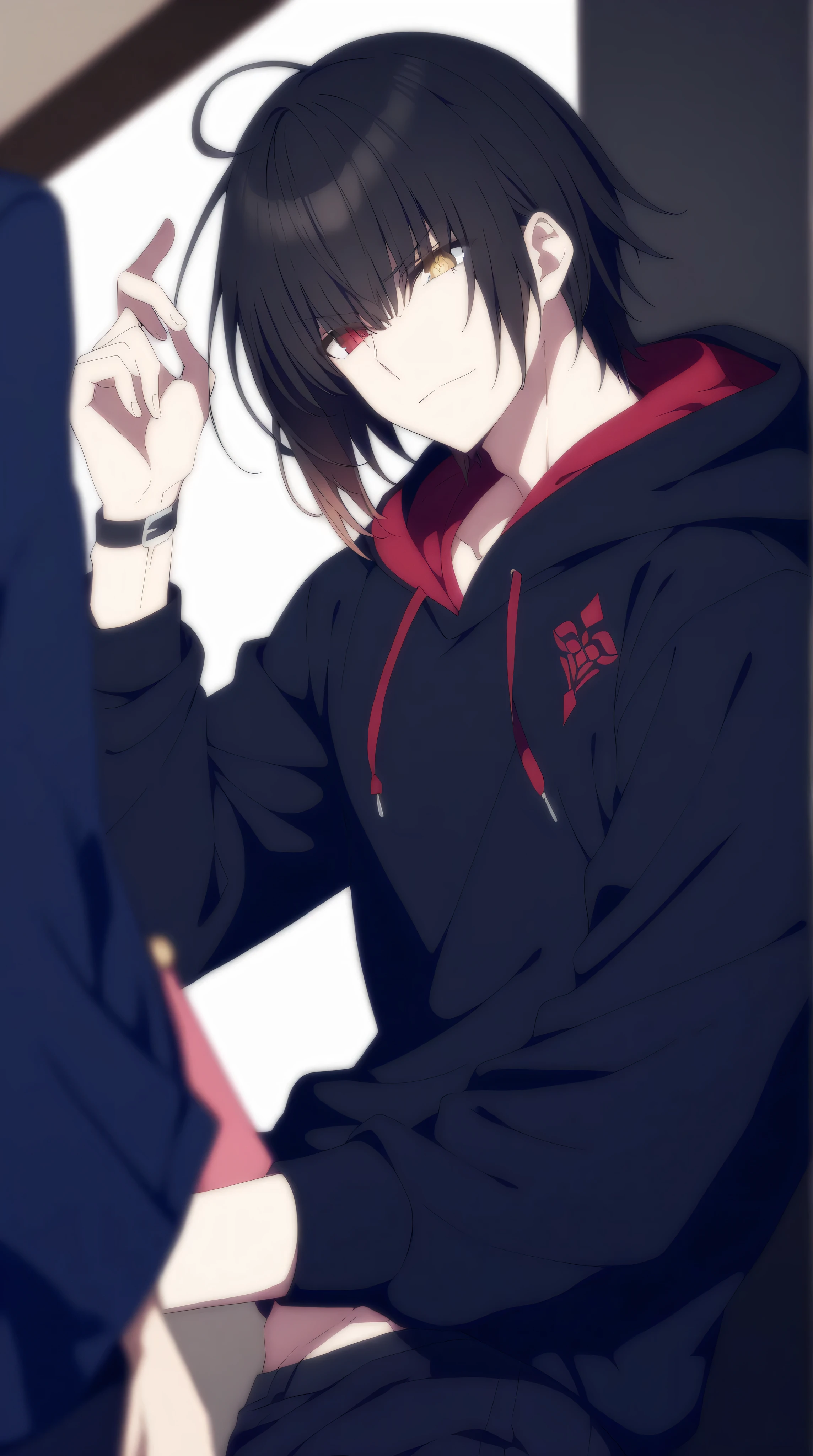 The Best Quality, source _Fate_grand_order, Detallado, Preciso, Masterpiece, black hair with,golden eyes eyes,1man,(atheletic and male body,male version of kurumi tokisaki, heterochromia, yellow eyes, clock eyes, black hair, red eyes, symbol-shaped pupils, Black military uniform, with hoodie, black pants, male body,alpha male,