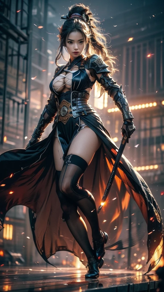 fantasy warrior woman wearing brown leather clothes, less detailed clothes, sexy, tight clothing, game character design, stylized anime style, ninja assassin, full body, standing in A-pose, ultra realistic, ultra HD, octane render, high quality, masterpiece