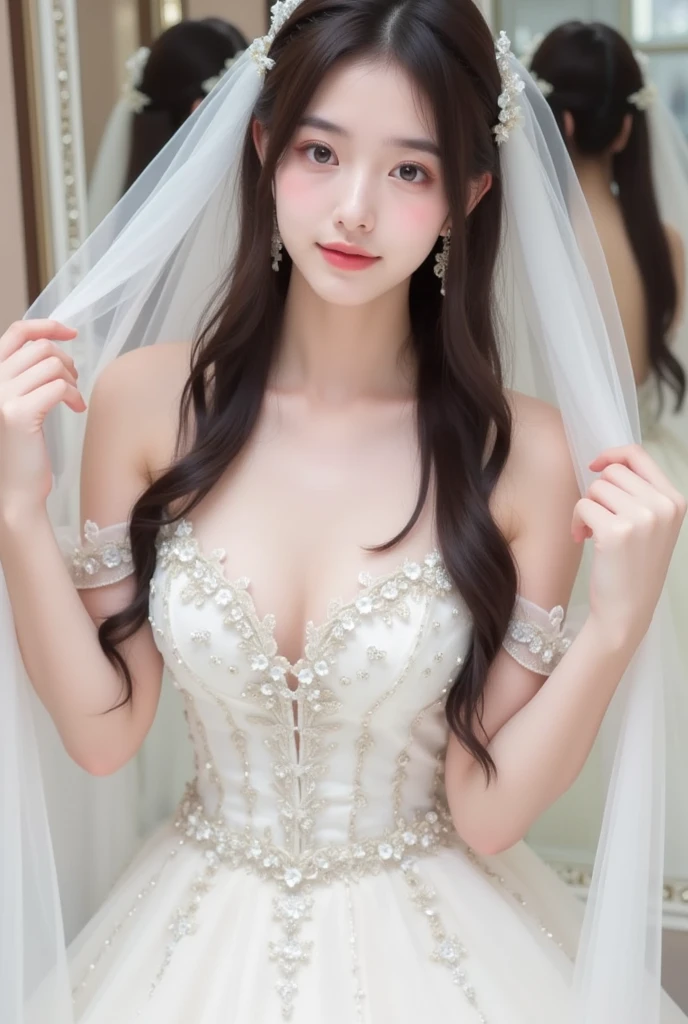 Young girl in wedding dress and updo, Off-shoulder neckline, and a long veil. her face is young and innocent, Looks like a child. She looks at the camera with a playful expression. Detailed artwork with vivid illustrations, Realistic colors, Capture every detail. The medium of digital painting, Guaranteed best quality and high resolution (4K or 8K). soft and romantic lighting, creating a dream-like atmosphere. The overall color is warm and gentle................., Highlight the joy and beauty of your wedding scene.frontage、full body Esbian、A smile、delight