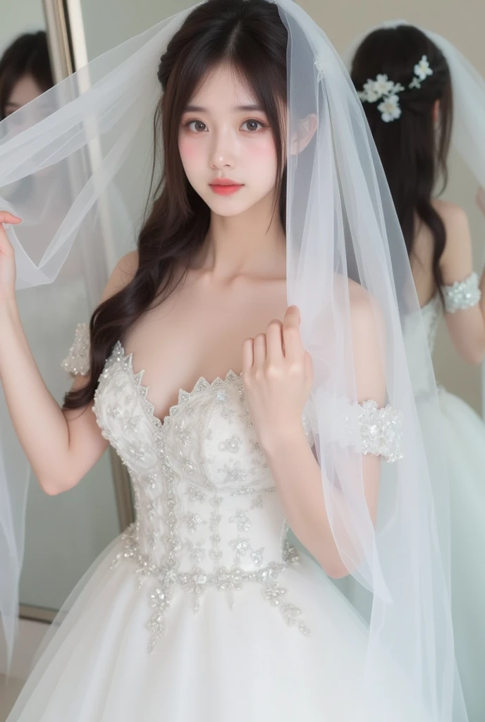 arafed woman in a wedding dress standing in a white room, wearing organza gown, inspired by Kim Jeong-hui, ji-min, in front of white back drop, shin min jeong, wearing a wedding dress, white regal gown, kim hyun joo, royal elegant pose, heonhwa choe, wearing long gown, inspired by Jeong Seon