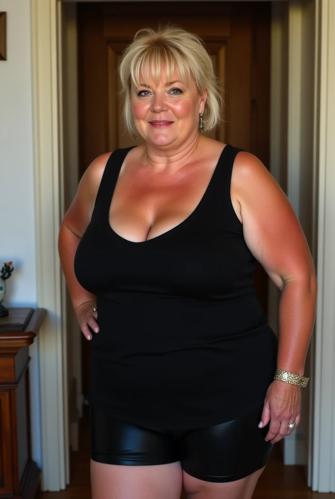 Reminiscent of Evan Rachel Wood, a fifty-year-old woman, with a tall and hefty build, large breasts, a black bun for hair, the ideal amount of Thickness, being overweight, and squinting, she is a master of quality. Working in the kitchen, wearing a naked apron, full body portrait, and the scene is incredibly detailed.