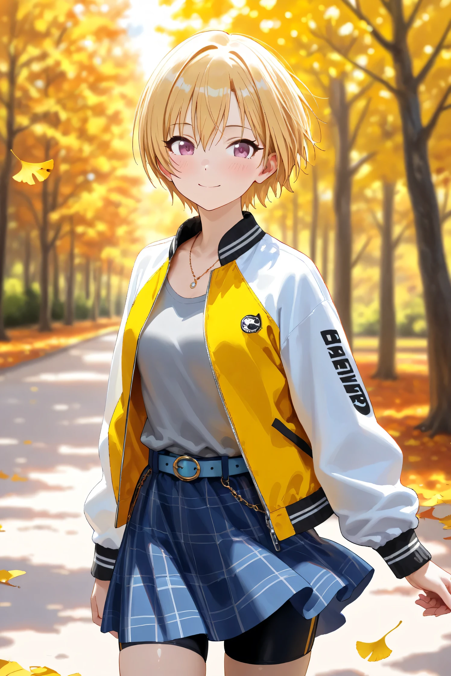 (Masterpiece), (Highest quality), (Very detailed), 
(The best shape), (Best Shadow), (Absurd), 
(Detailed background), (So beautiful), Shiny , 
Beautiful eyes in every detail, Extraordinary, Countershading, 8k, 32K, High resolution, 
Very Detailed CG,

Score_9, Score_8_up, Score_7_up, Source_anime, 
(Pastel painting:1.2), (Watercolor painting:1.2),
(Masterpiece, Detailed:1.2), (Foreshortening:1.2),

Cinematic, Dramatic, (Depth of field:1.4),
(Blurry background:1.4), (Realistic background:1.4),
Dynamic angle, 
1 girl,
Autumn, Outdoor, Nature, Park, Wind,
Autumn leaves, Ginkgo,
Scenery, Autumnforrestmb, Autumn, Forest, Tree, Nature, Outdoors, 

Saijo Juri,
the idolmaster shiny colors,
juri saijo, short hair, blonde hair, purple eyes, small breasts,

(Casual wear:1.3), 
T-shirts, (Gray t-shirts:1.3), 
Souvenir jacket, Yellow jacket, (Long sleeves jacket:1.2), White sleeves, 
Miniskirt, (blue skirt:1.2), Checkered skirt, 
Belt, blue belt, bike shorts,
Necklace,

cowboy shot, focus on face,
(Close up shot:1.1),
(Blush:1.3), smile, happy,
Realistic skin, Shiny skin,