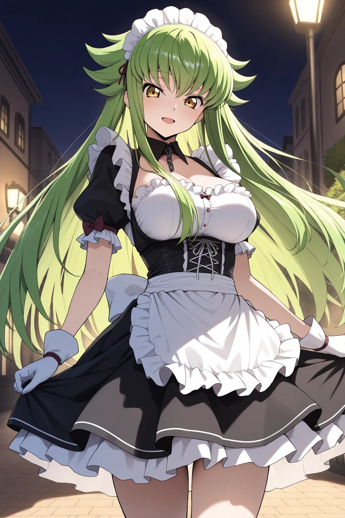 (best quality), (masterpiece), frey_motgd, black dress, long sleeves, choker, cleavage, ribbon, hair band, gradient hair, blonde hair, green hair, hair over one eye, purple eyes, large breasts, woods, <lora:frey_motgd:1>