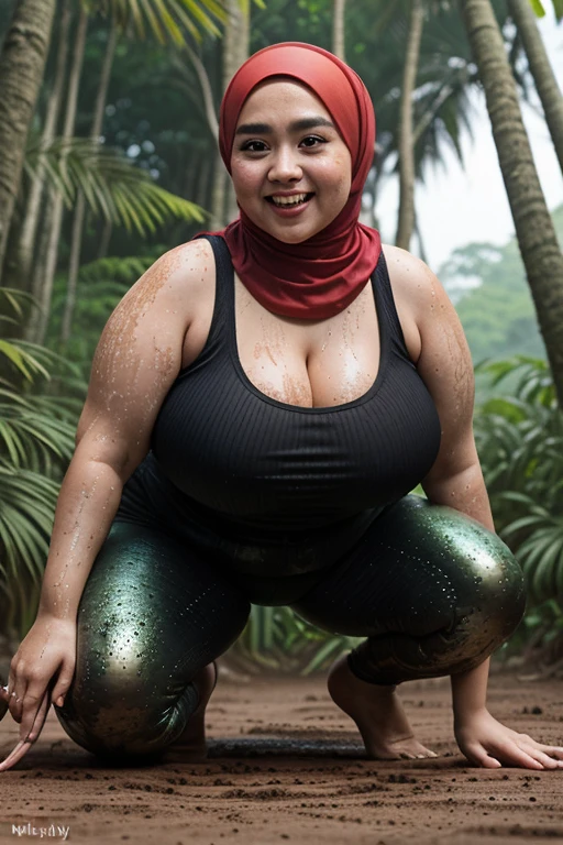 Typhoon, photorealistic full body portrait. amazingly cute malay woman with torn pink pastel shawl style hijab in her twenties crying against the background of fantastic jungle and muddy ground, clear white skin, wet and muddy, scratches everywhere, face dirty with torn ripped dirty hijab, bare feet without underwear, torn and tattered tank top, torn pleated skirt, white skin, chest, thighs, smooth skin, frightened desperate, desperate expression, isometric details, amazingly realistic pictures, 8K High Quality Medium Dark Lighting, High Detail, Detail Eye, Detail Face