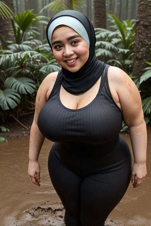 masterpiece, high quality photos, detailed photos, beautiful chubby Malay woman wearing a hijab, has super plump breasts, wearing a tight t-shirt, sexy leggings, big buttocks, posing smiling in the park, detailed body description, detailed facial description,