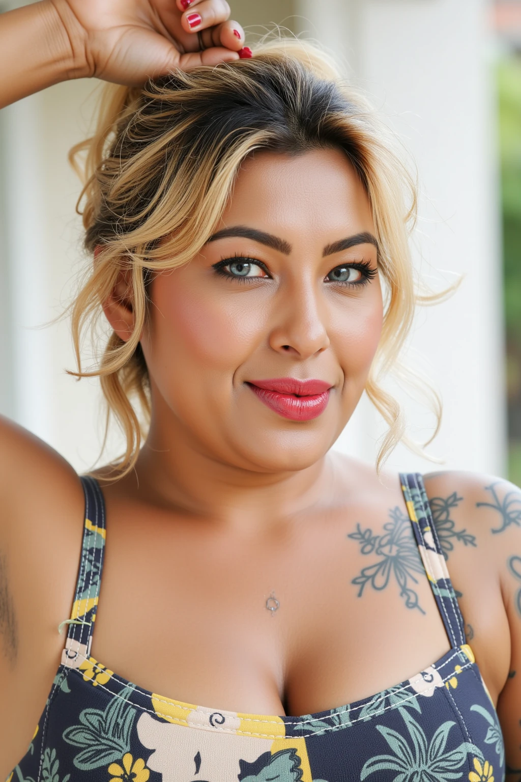 bella y bronceada latina, bella sonrisa, outlined eyebrows and eyelashes,