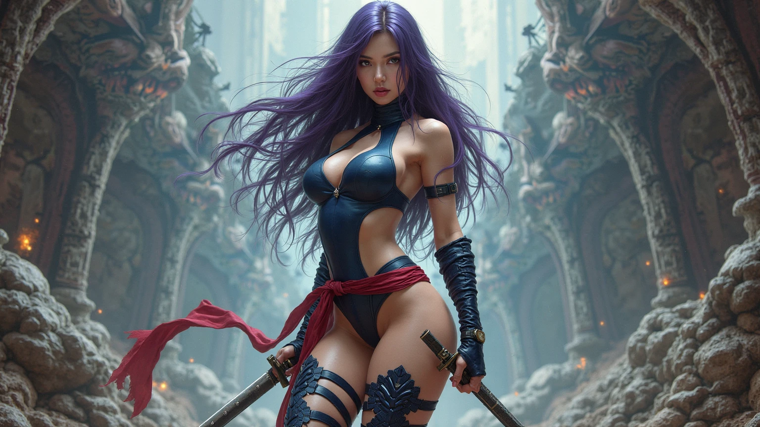 ((Psylocke is in an underground dungeon)), ((SUPERHEROINE PSYLOCKE (Ela esta vestindo roupas imorais, she's wearing indecent clothes), (obra-prima melhor qualidade) 1.5, 1girl, sozinho, (sexy, mulher bonita, rosto perfeito, olhos perfeitos), corpo inteiro