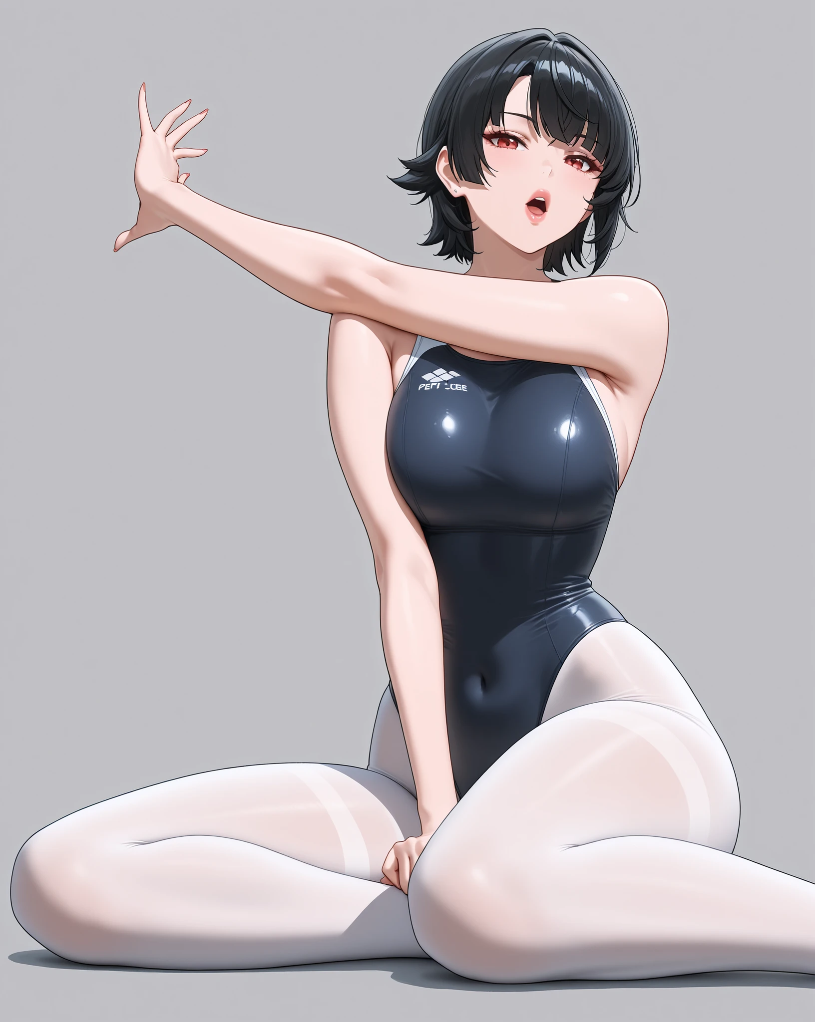 (pose:1.0, dynamic pose, sitting, stretching, adult Ellen Joe:1.0, one-piece swimsuit:1.0, swimsuit with ellen joe style:1.0, transparent Ellen Joe pantyhose:1.0, big mouth:4.0, big lips:4.0, open mouth:5.0, seductive eyes:4.0, detailed face, detailed mouth, small waist:1.0, wide hips:1.0),  black hair, no headdress:1.0, no tiara, red eyes, 1woman, alone, (masterpiece, detailed face, perfect hands, perfect eyes), 