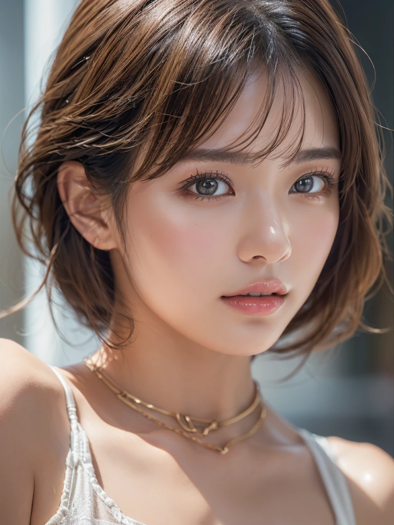 Save this image、Pale face and eyes:1.3、薄くてPale face and eyes:1.3, blue eyes:1.3、8K, {highest quality}, {{masterpiece}}, {very delicate and beautiful}, outstanding light and shadow, highly detailed wallpaper, clear and bright sunlight、 1 girl, , Short golden bob hair:1.3, strong sunlight, Summer:1.5, highly detailed face、 golden ratio、 delicate hair, B cup breasts, realistic skin texture, visible wrinkles on the skin., broad shoulders,window, ((a strong light shines on your face)), cowboy shot:1.5, necklace、ring、earrings、smile:1,5, A park with cherry blossoms in full bloom:1.5