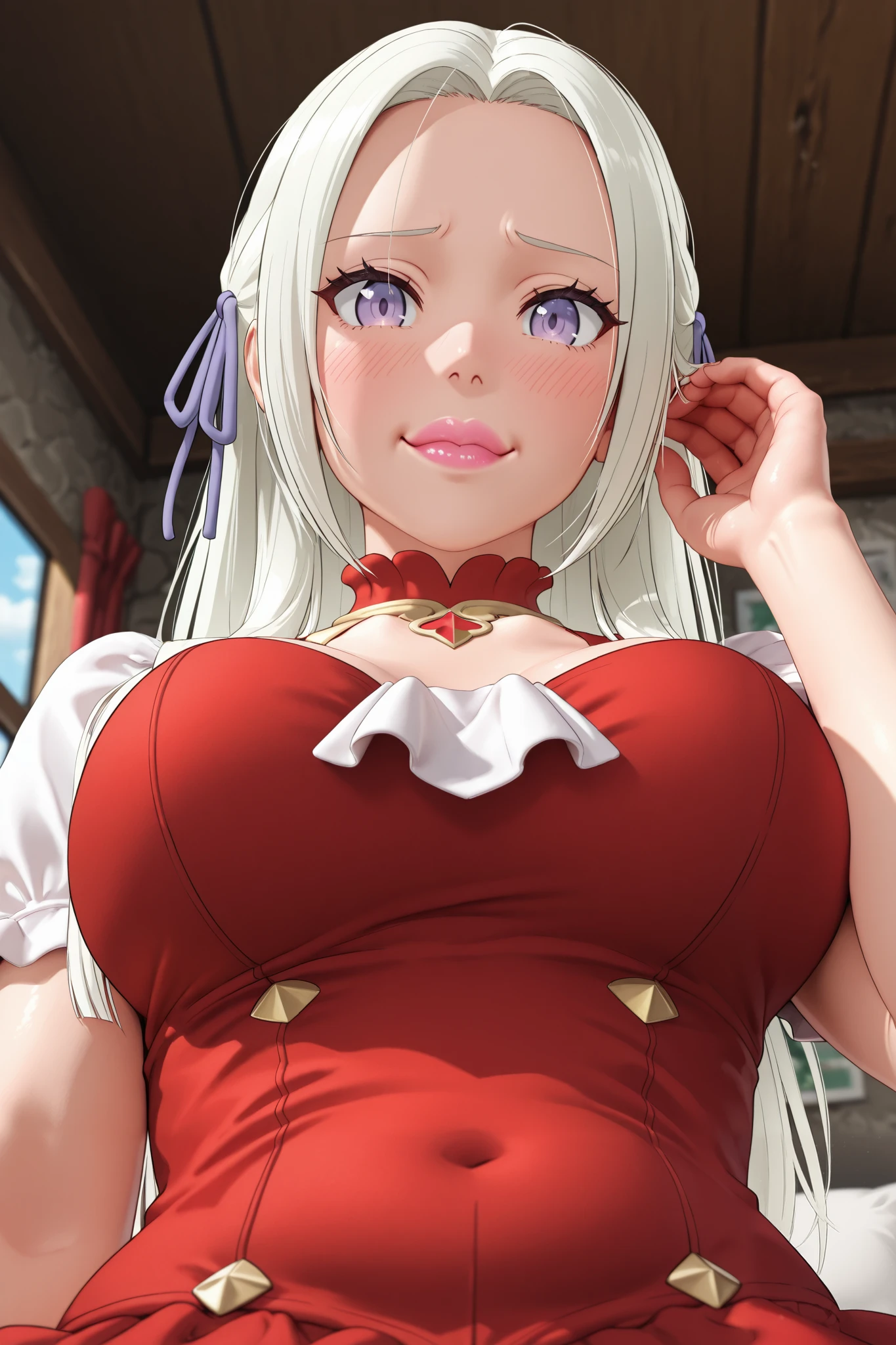 (Alone, 3DMM, 3d rendering style), (adult mature Edelgard:5.0, Edelgard sexdoll:2.0, glossy lipstick, sexdoll mouth), best quality, high quality, high res, Looking at viewer, shy, happy eyes, she is playing with her hair, shining eyes, open sky camp background, (perfect eyes:3.0, perfect face:2.0, highly detailed face:3.0, detailed eyes:3.0, Edelgard Eyes:1.0, perfect mouth), BREAK POV from her belly, lab pillow:1.0, POV lab pillow:2.0