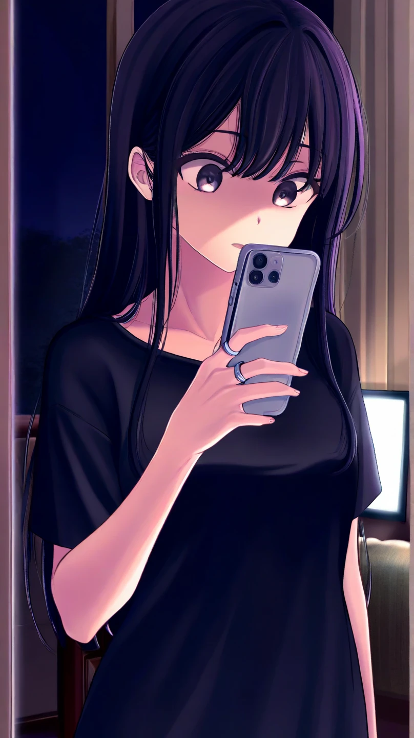 there is a woman sitting on a bed taking a picture of herself, 18 years, 1 6 years, very low quality image, 21 years, she is about 20 years old, she is about 2 0 years old, 1 8 yo, high quality photography, 1 7 - years old - gothic girl, 2 2 years old, black hair, fair skin,sexy