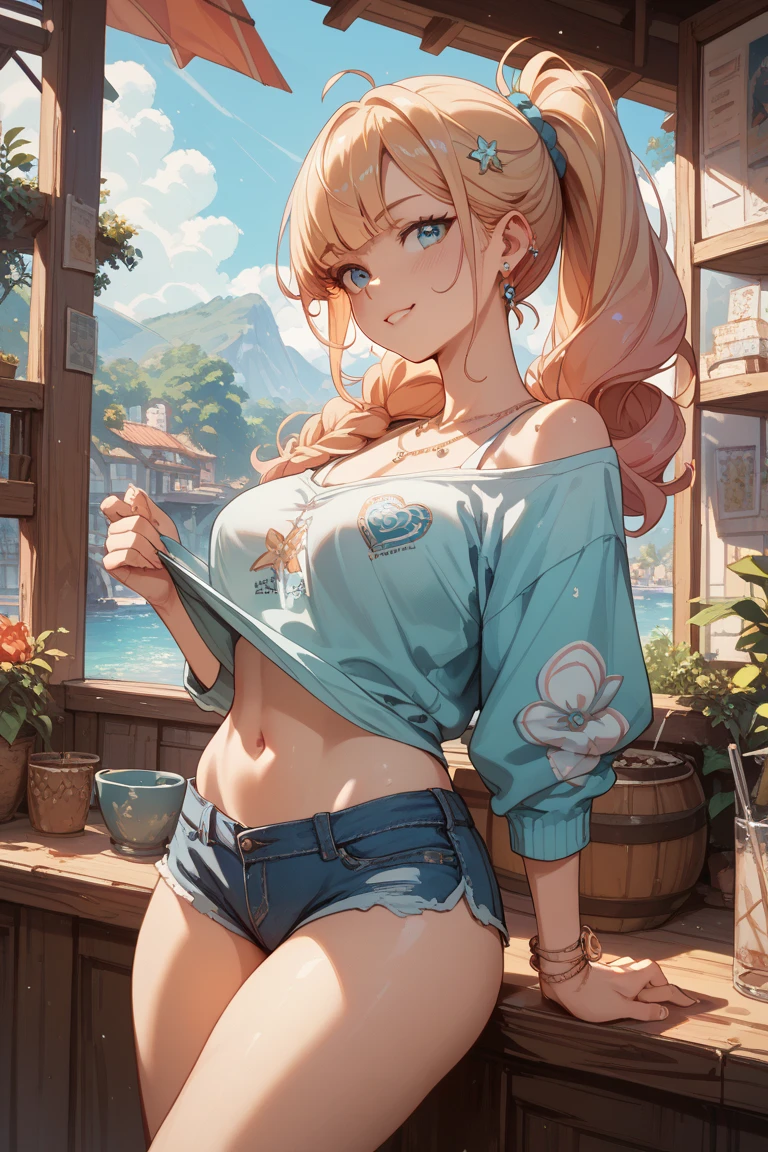 masterpiece、highest quality、Very detailed、An illustration、Beautiful fine details、One Girl、cute、Detailed landscape、Training Room Background:1.4、Platinum Blonde Hair、Braided Ponytail、Red camisole、((a cup breasts, Tank top showing underboob:1.3)),from below