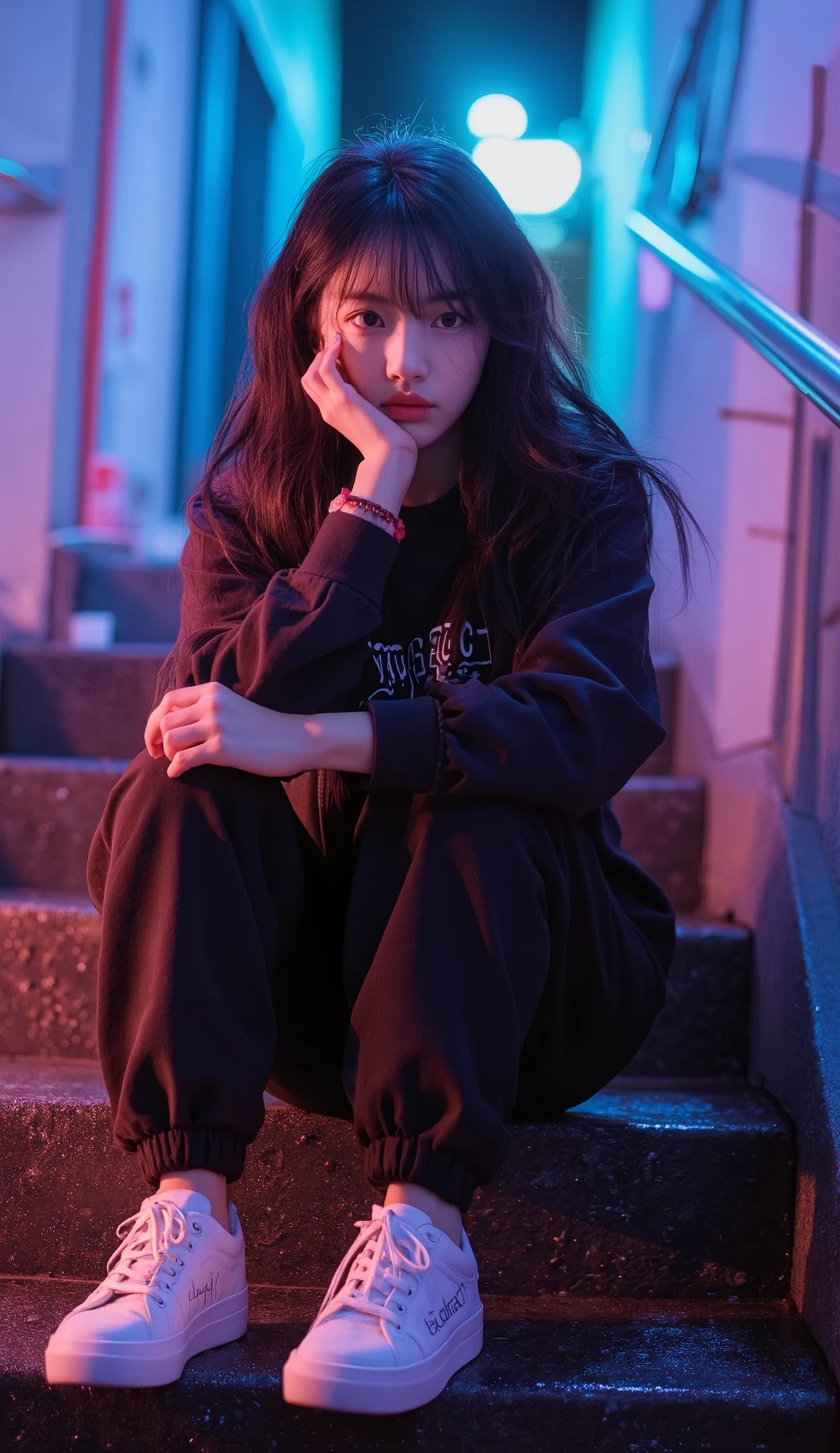 girl, wave hair, big eyes, trainers, black sweatpants, sneakers with a ladyback letter, bracelet, sit on stairs, after the rain, Blue and purple neon,  Shoot.