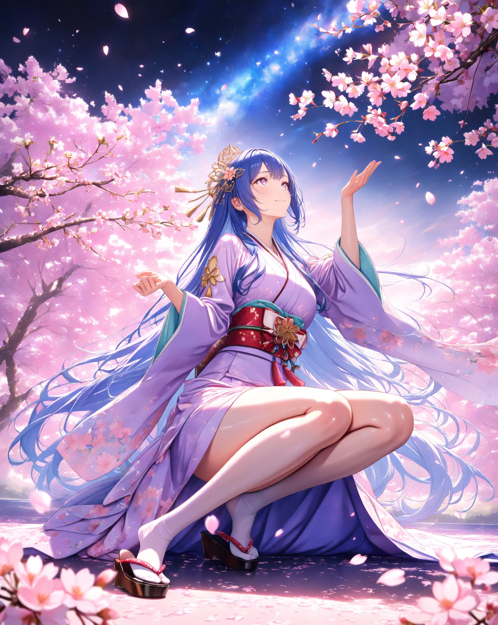 quality:masterpiece,best quality,ultra-detailed,32k,detailed background,
theme:BREAK,(A 20-year-old woman in a breathtakingly elegant kimono that shines in the blue light of the lights):1.3,perfect proportions,detailed skin texture,deep yet somewhat sad smile,Breathtakingly detailed facial features,vivid eyes that feel like being sucked in, delicate and moisturized lips ,
Each finger is rendered in detail,(Shiny blue hair):1.1,Smooth texture like silk,Flowing in the wind,Natural shadows and highlights,Natural and graceful hand pose,Hands based on realistic human anatomy,transparent fingertips that make you feel like you're being sucked in,Clearly defined joints,Detailed expression of the fingers,
Smooth and curvaceous body lines,Translucent and moisturized skin,Graceful knee lines,Natural and beautiful leg lines,
Delicate body contours,Natural wrinkles and shadows in the clothes,Shiny fabric texture,Beautiful, smooth draping,(Poses looking up at cherry blossoms):1.3,
costume:BREAK,(Light purple kimono with long flowing sleeves):1.3,(kimono with smooth drapes made of shiny silk):1.2,Realistic Fabric, intricate details,detailed folds,Pastel Pink Obi,Crimson Belt,Cherry Blossom Patterned Sack Belt,Adorable sandals with intricate patterns decorated with gold thread and silver thread,beautiful floral hair ornament,Are you wearing sakura-patterned socks,
Style:BREAK,photorealistic,3D rendering,cinematic lighting,volumetric lighting,ray tracing,depth of field,cinematic shot,pastel,translucent,
background:BREAK,(The weeping cherry blossoms in full bloom at night are illuminated in the foreground):1.3, (Weeping cherry blossoms in full bloom at night are illuminated in front of the Milky Way where countless stars shine in the back):1.4,,(backgroundに広がる漆黒の夜空と煌めく星々):1.4,,(and weeping cherry blossoms in full bloom are illuminated):1.3,(cherry blossom petals dance):1.3,( cherry blossom petals scattered on the ground ):1.2,(Sparkling stars spreading in the night sky々):1.4,(The dark night sky spreads as far as the eye can see):1.3,volumetric lighting,幻想的なbackground,